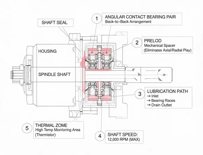 Annotated spindle bearing arrangement